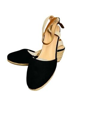 Dream Pairs NIB Black Espadrille Wedge Sandals with Tan Ankle Strap